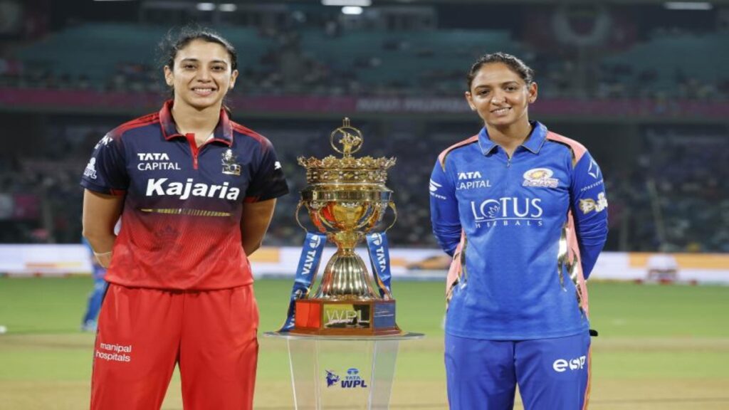 MI vs RCB WPL 2026 match image showing Mumbai Indians’ 15-run win led by Nat Sciver-Brunt’s century