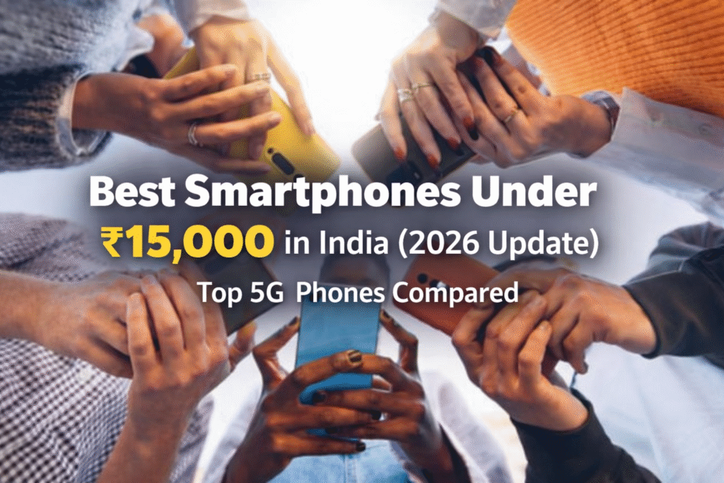 People holding different budget smartphones showcasing the best smartphones under ₹15,000 in India (2026 update)