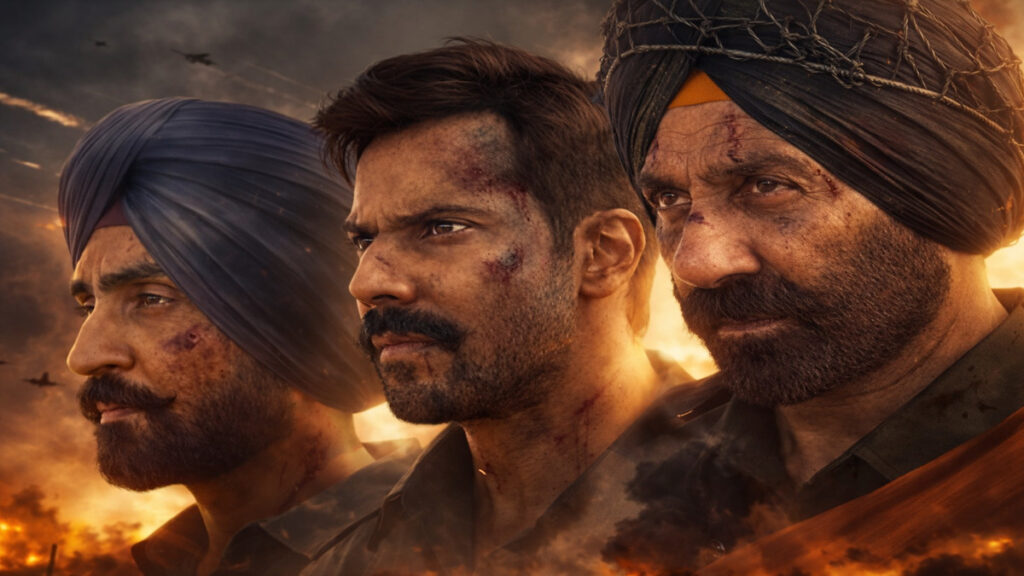 Border 2 movie poster featuring Sunny Deol, Varun Dhawan and Diljit Dosanjh in intense war scenes with a dramatic battlefield background.