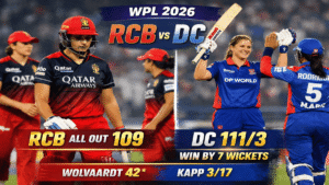 RCB vs DC WPL 2026 match image showing Delhi Capitals women celebrating 7-wicket win over Royal Challengers Bengaluru