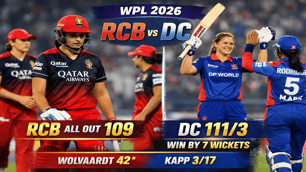 RCB vs DC WPL 2026 match image showing Delhi Capitals women celebrating 7-wicket win over Royal Challengers Bengaluru