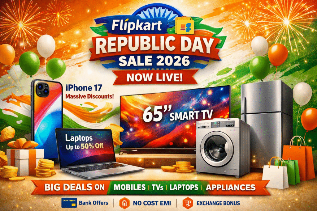 Flipkart Republic Day Sale 2026 banner showing massive discounts on smartphones, smart TVs, laptops and home appliances