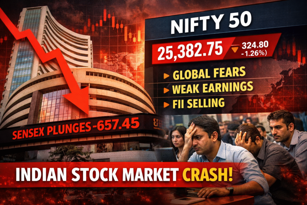 Indian stock market down showing Sensex and Nifty 50 crash with red downward arrow, global fears, weak earnings and FII selling impacting Indian investors in January 2026.