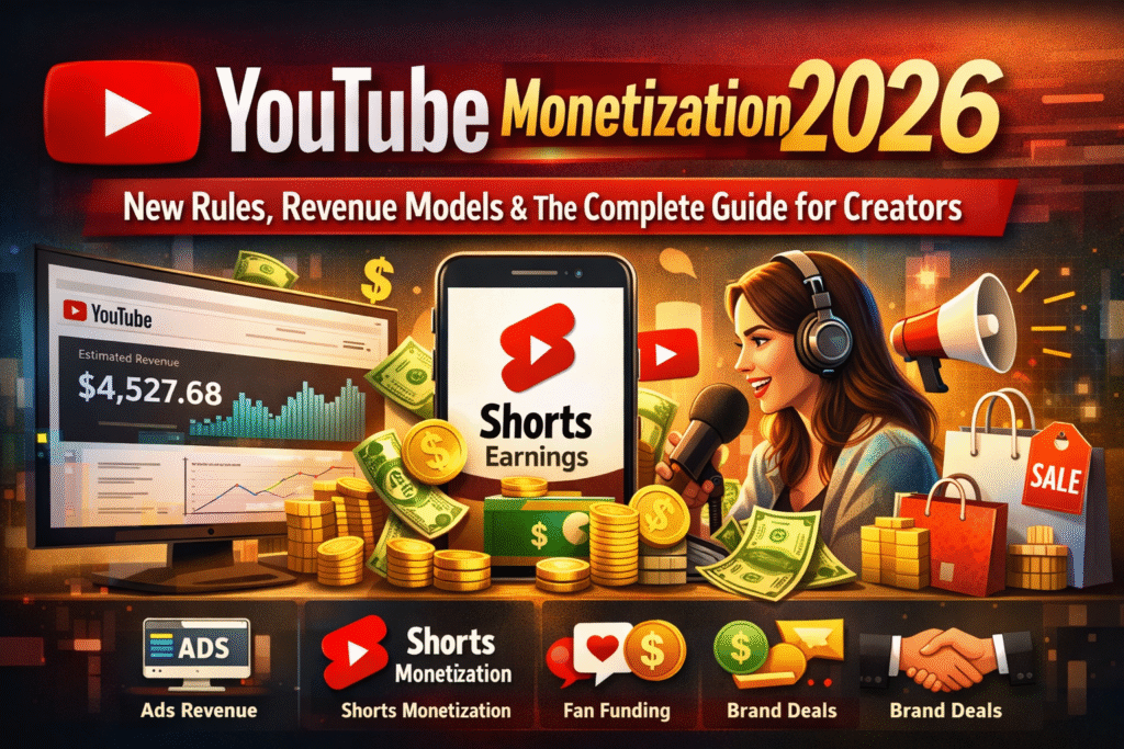Horizontal illustration showing YouTube Monetization 2026 with the YouTube logo, Shorts earnings, ad revenue dashboard, creator microphone, analytics charts, money icons, brand deals, and multiple income sources for content creators.