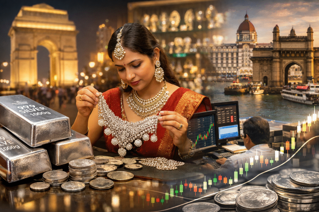City-wise silver price news in India showing silver bars, coins and jewellery with Delhi and Mumbai landmarks and rising market charts representing silver price surge.