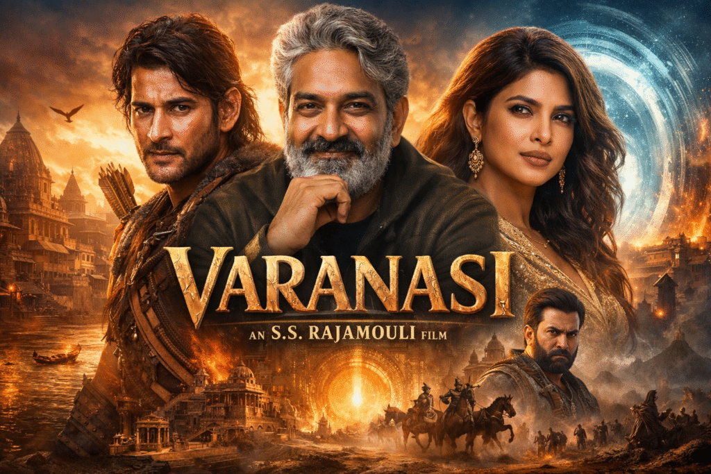 Varanasi movie poster featuring Mahesh Babu and Priyanka Chopra in S.S. Rajamouli’s epic mythological action film