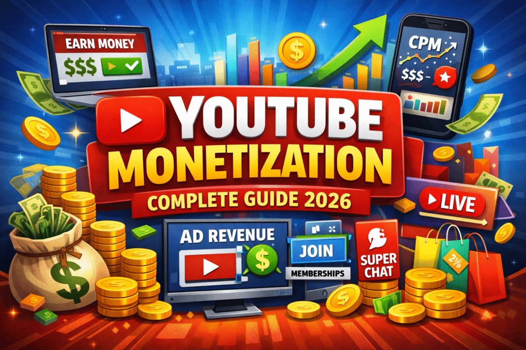 YouTube monetization complete guide showing ad revenue, CPM growth, channel memberships, Super Chat, and creator earnings dashboard in 2026