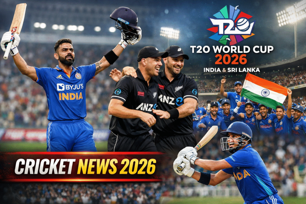 Cricket News 2026 image showing Virat Kohli celebrating a century, New Zealand players celebrating ODI series win, T20 World Cup 2026 logo, and India U19 team celebration