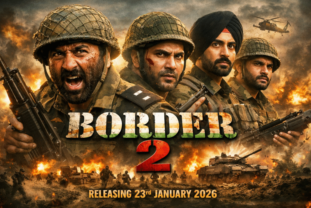 Border 2 movie poster featuring Sunny Deol, Varun Dhawan, Diljit Dosanjh and Ahan Shetty in a patriotic war scene