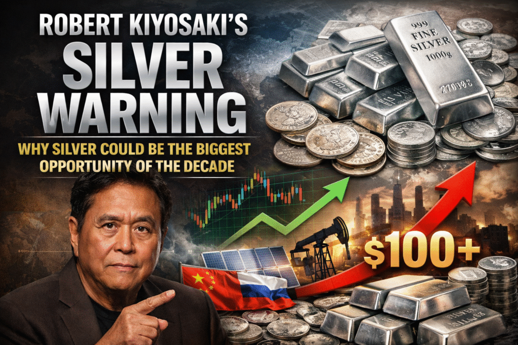 “Robert Kiyosaki pointing toward stacked silver bars and coins with rising price arrows, $100+ silver target, global demand symbols, and industrial imagery representing a silver market boom.”