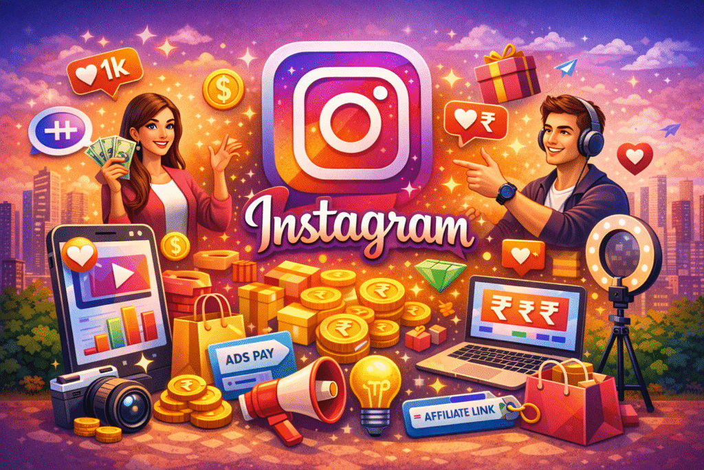 Illustration showing how to monetize Instagram in 2026 with reels ads, brand deals, affiliate marketing, and creator earnings.