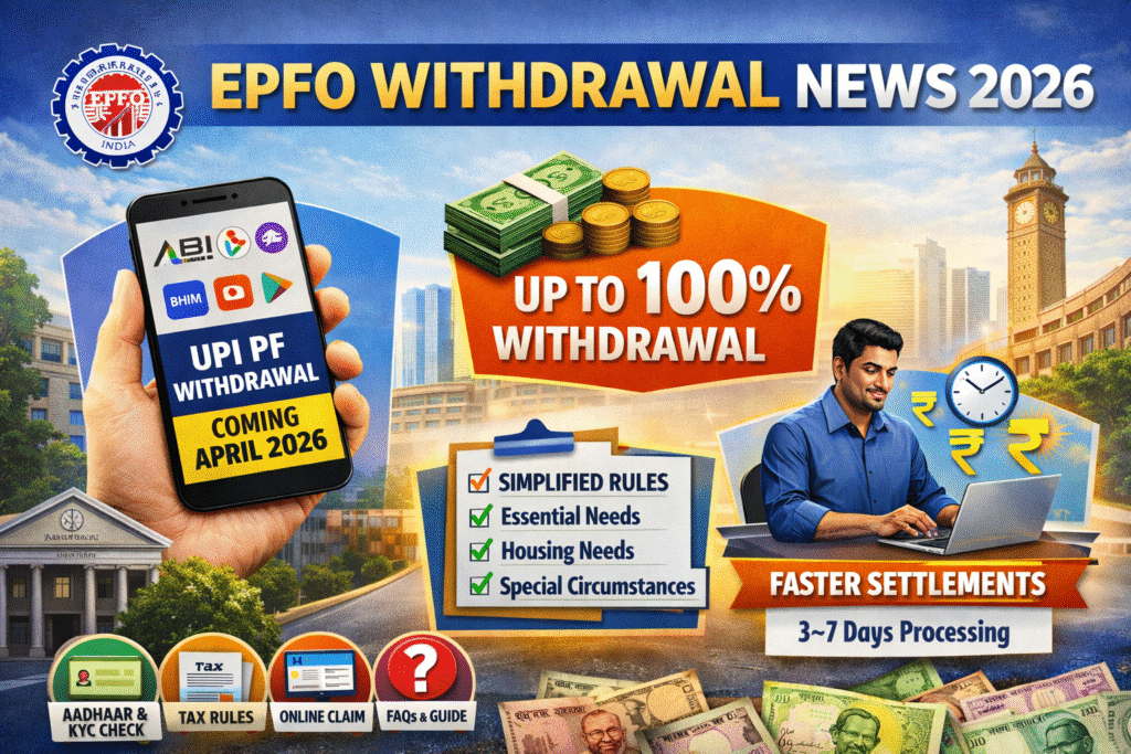 EPFO Withdrawal News 2026 showing UPI PF withdrawal, new EPF rules, up to 100 percent PF withdrawal, faster online settlement and Aadhaar KYC process in India.