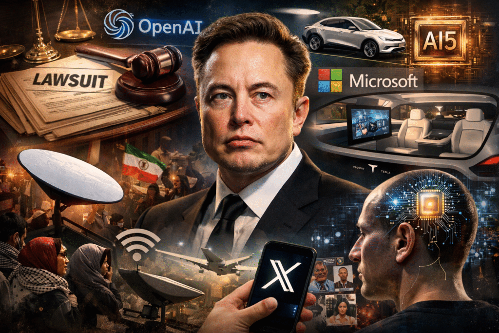 “News-style composite image of Elon Musk in a dark suit at the center, surrounded by visuals representing major headlines: a lawsuit gavel and legal papers, OpenAI and Microsoft logos, a Tesla robotaxi and AI chip, the X (Twitter) app on a smartphone, Starlink satellite dishes, public protests, and a futuristic Neuralink brain-chip illustration, symbolizing technology, AI, space, and controversy.”