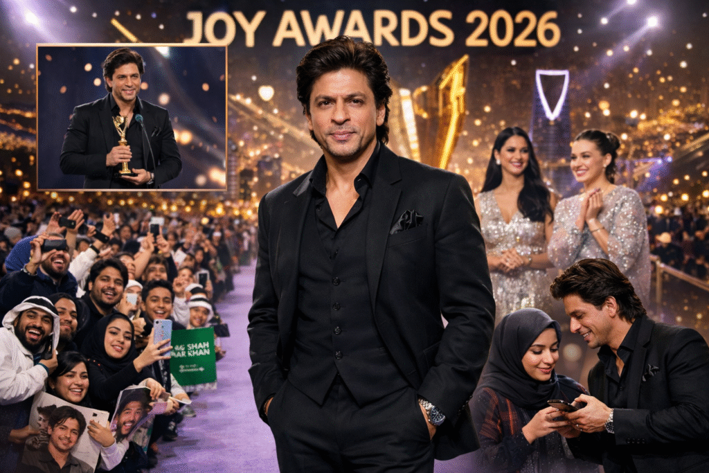 Shah Rukh Khan at Joy Awards 2026 in Riyadh wearing an all-black outfit, interacting with fans and presenting on stage