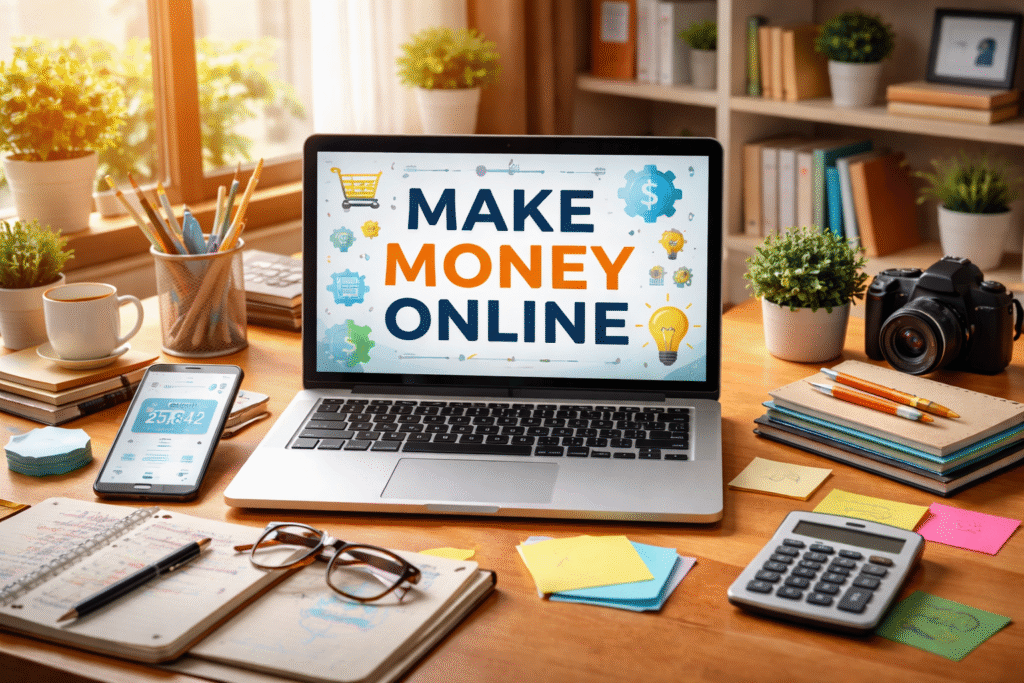 Make money online concept image showing laptop, mobile earnings, and home office setup