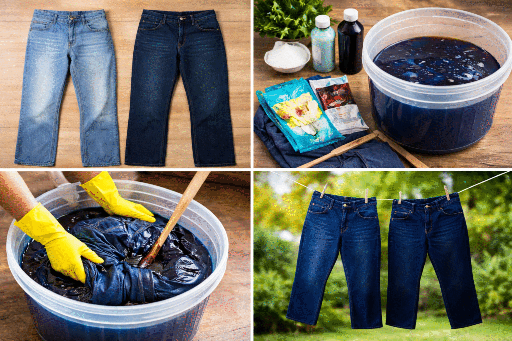 Old faded jeans transformed into new-looking denim at home using cloth colour dyeing method step by step