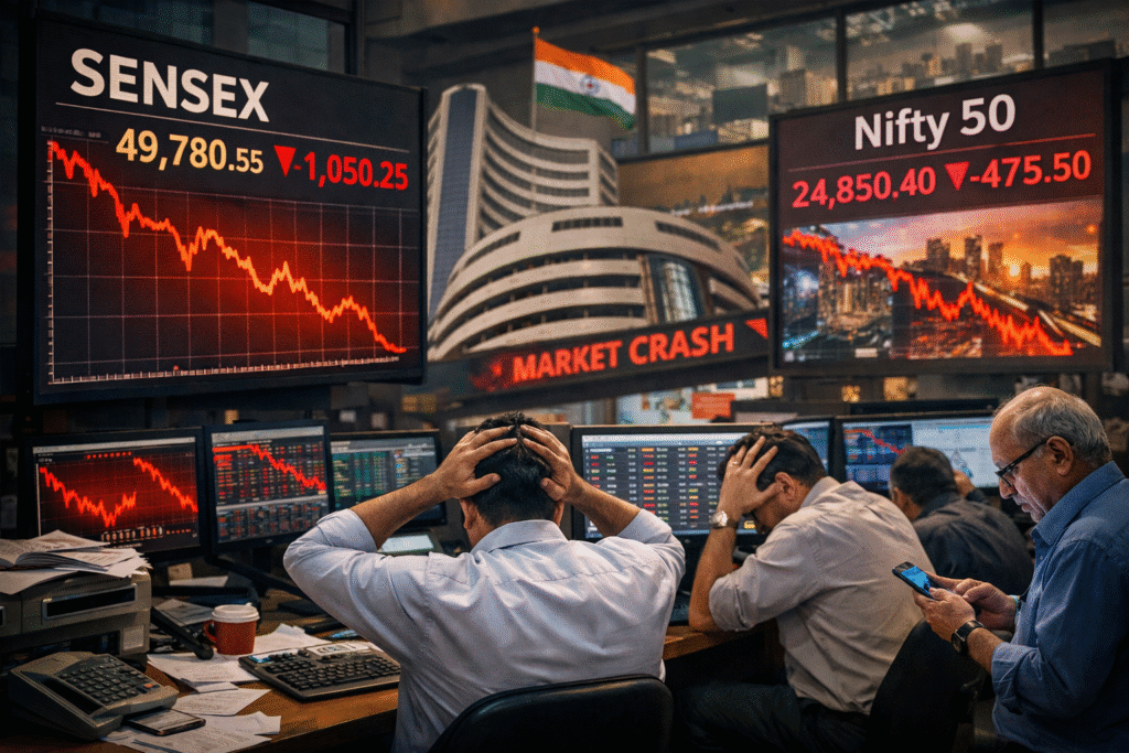 Indian stock market crash 2026 showing Sensex and Nifty 50 falling sharply on digital screens as traders react at the Bombay Stock Exchange.