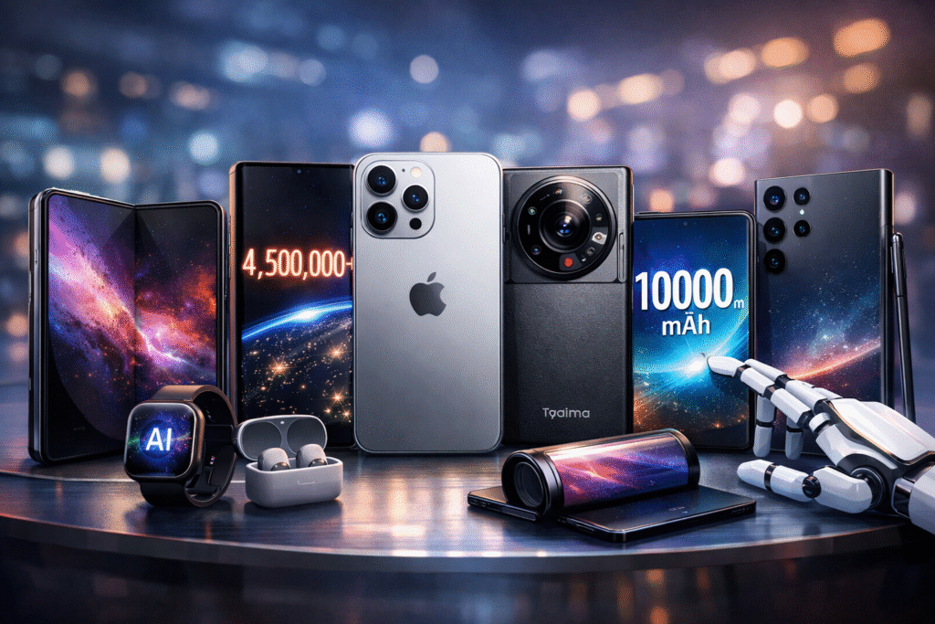 Digital illustration of upcoming smartphones 2026 featuring foldable displays, AI technology, large battery phones, flagship cameras, and next-generation mobile devices.