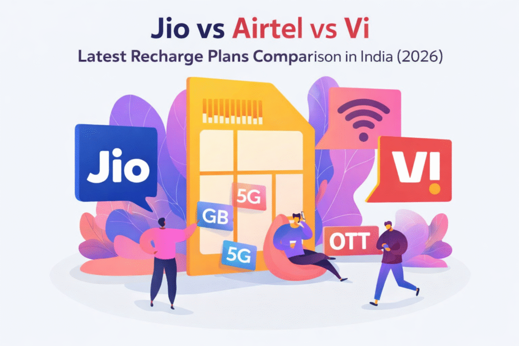 “Jio vs Airtel vs Vi latest recharge plan comparison showing 5G data, OTT benefits and mobile network options in India (2026).”
