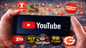 “YouTube app on mobile with icons of popular Indian YouTubers and music channels in 2026.”